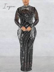 Ingvn - Women’s Sexy See Through Rhinestone Bead Mesh Dress Luxury High Neck Long Sleeve Tassels