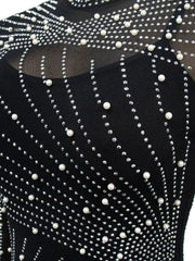 Ingvn - Women’s Sexy See Through Rhinestone Bead Mesh Dress Luxury High Neck Long Sleeve Tassels