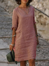 Ingvn - Women‘s Shift Dress Knee Length Green Blue Pink Yellow Half Sleeve Pure Color Patchwork