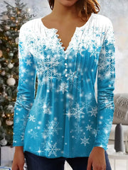 Ingvn - Women’s Shirt Black Pink Red Snowflake Button Print 3/4 Length Sleeve Christmas Weekend