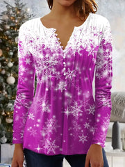 Ingvn - Women’s Shirt Black Pink Red Snowflake Button Print 3/4 Length Sleeve Christmas Weekend