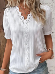 Ingvn - Women’s Shirt Blouse Yellow-Green Violets White Plain Lace Short Sleeve Casual Basic V