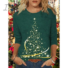 Ingvn - Women’s Shirt Dark Green Peacock Blue Brick Red Christmas Tree Print Long Sleeve Holiday