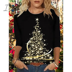Ingvn - Women’s Shirt Dark Green Peacock Blue Brick Red Christmas Tree Print Long Sleeve Holiday