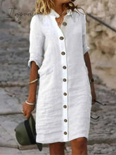 Ingvn - Women’s Shirt Dress Casual Cotton Linen Midi Blend Fashion Basic Outdoor Daily Collar