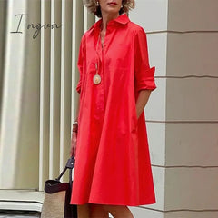 Ingvn - Women’s Shirt Dress Casual Shift Midi Outdoor Winter Daily Polyester Elegant Collar