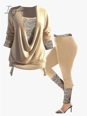 Ingvn - Women’s Shirt Pants Sets Black Burgundy Khaki Solid Color Sequins Long Sleeve Casual