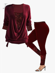 Ingvn - Women’s Shirt Pants Sets Black Burgundy Khaki Solid Color Sequins Long Sleeve Casual