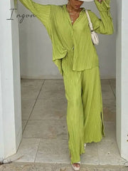 Ingvn - Women’s Shirt Pants Sets Black White Light Green Solid Color Long Sleeve Casual Daily