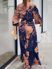 Ingvn - Women’s Shirt Pants Sets Blue Floral Print Long Sleeve Casual Daily Fashion Off Shoulder