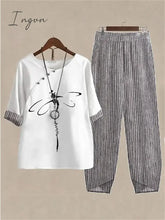 Ingvn - Womenโs Shirt Pants Sets Trousers Basic White Pink Holiday Weekend Graphic Striped Print