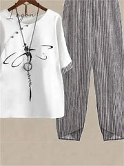 Ingvn - Women’s Shirt Pants Sets Trousers Basic White Pink Holiday Weekend Graphic Striped Print
