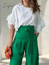 Ingvn - Women’s Shirt Pants Sets White Solid Color Ruffle Half Sleeve Casual Daily Fashion Round