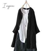 Ingvn - Womens Shirts Vintage Cotton Tunic Casual Long Sleeve Shirt Button Cardigans Female Soid