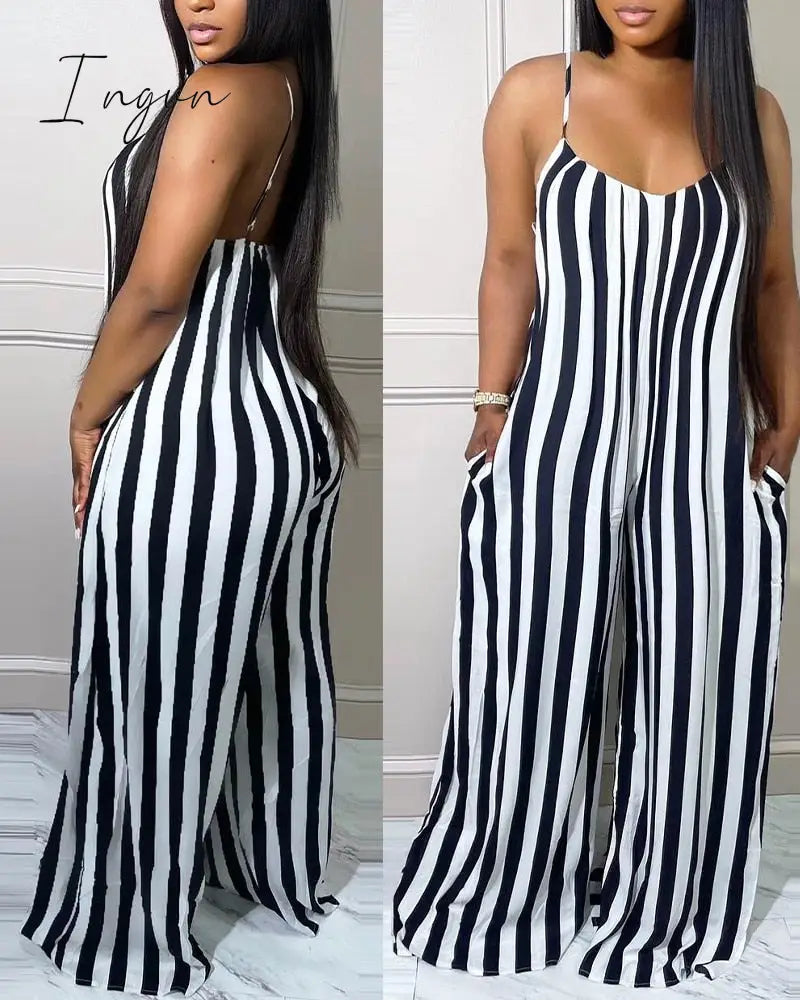 Ingvn - Women’s Striped Printed Spaghetti Straps Wide Leg Pockets Jumpsuit Women’s Sleeveless