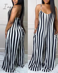 Ingvn - Women’s Striped Printed Spaghetti Straps Wide Leg Pockets Jumpsuit Women’s Sleeveless