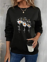 Ingvn - Women’s Sweatshirt Pullover Basic Black Yellow Pink Floral Butterfly Street Round Neck