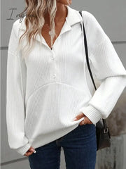 Ingvn - Women’s Sweatshirt Pullover Basic Button Drawstring White Solid Color Casual V Neck Long