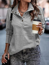 Ingvn - Women’s Sweatshirt Pullover Basic Button Front Pocket White Pink Brown Solid Color Casual