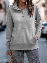 Ingvn - Women’s Sweatshirt Pullover Basic Button Front Pocket White Pink Brown Solid Color Casual