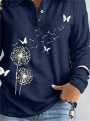 Ingvn - Women’s Sweatshirt Pullover Basic Button Navy Blue Butterfly Dandelion Casual V Neck Long