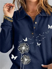Ingvn - Women’s Sweatshirt Pullover Basic Button Navy Blue Butterfly Dandelion Casual V Neck Long