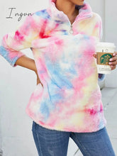 Ingvn - Women’s Sweatshirt Pullover Fuzzy Teddy Yellow Pink Tie Dye Casual V Neck Long Sleeve