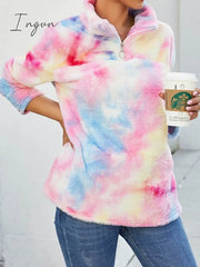 Ingvn - Women’s Sweatshirt Pullover Fuzzy Teddy Yellow Pink Tie Dye Casual V Neck Long Sleeve