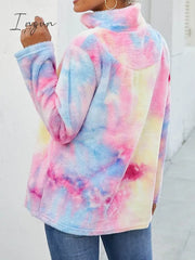Ingvn - Women’s Sweatshirt Pullover Fuzzy Teddy Yellow Pink Tie Dye Casual V Neck Long Sleeve