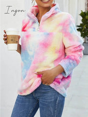 Ingvn - Women’s Sweatshirt Pullover Fuzzy Teddy Yellow Pink Tie Dye Casual V Neck Long Sleeve