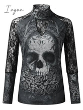 Ingvn - Women’s T Shirt Tee Black Skull Lace Print Long Sleeve Halloween Weekend Basic High Neck