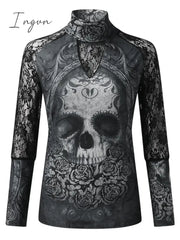 Ingvn - Women’s T Shirt Tee Black Skull Lace Print Long Sleeve Halloween Weekend Basic High Neck
