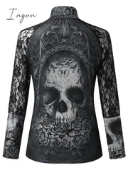 Ingvn - Women’s T Shirt Tee Black Skull Lace Print Long Sleeve Halloween Weekend Basic High Neck
