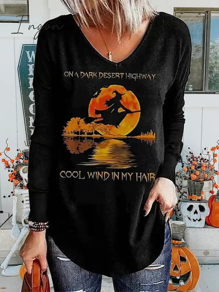 Ingvn - Women’s T Shirt Tee Tunic Black Blue Green Letter Ghost Print Long Sleeve Halloween Basic