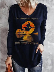 Ingvn - Women’s T Shirt Tee Tunic Black Blue Green Letter Ghost Print Long Sleeve Halloween Basic
