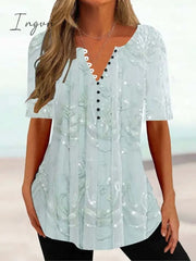 Ingvn - Women’s T Shirt Tee White Yellow Pink Floral Button Print Short Sleeve Holiday Weekend