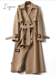 Ingvn - Women’s Trench Coat Long Solid Color Patchwork Black Blue Camel Beige Daily Fall Single