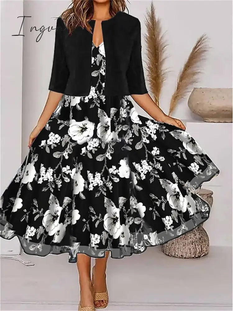 Ingvn - Women’s Two Piece Dress Set Casual Chiffon Outdoor Daily Fashion Elegant Print Midi V
