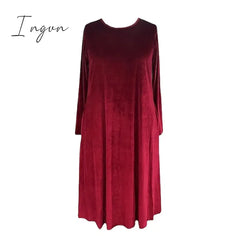 Ingvn - Women‘s Velvet Dress Shift Caftan Long Maxi Green Black Purple Sleeve Pure Color Pocket