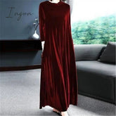 Ingvn - Women‘s Velvet Dress Shift Caftan Long Maxi Green Black Purple Sleeve Pure Color Pocket