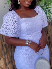 Ingvn - Women’s Vintage White Lace Dress Chic Square Neck Puff Sleeve Summer Elegant Wedding