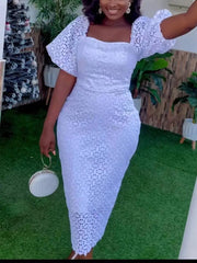 Ingvn - Women’s Vintage White Lace Dress Chic Square Neck Puff Sleeve Summer Elegant Wedding