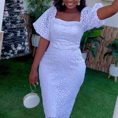 Ingvn - Women’s Vintage White Lace Dress Chic Square Neck Puff Sleeve Summer Elegant Wedding