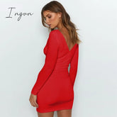 Ingvn - Wrap V Neck Ruched Bodycon Dress Women Long Sleeve Sexy Party Backless Black Red White