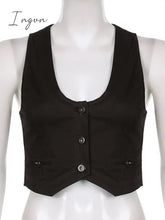 Ingvn - Y2K Button Corset Top Black Sleeveless Tank Tops Skinny V Neck Aesthetic Punk Crop Grunge
