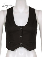 Ingvn - Y2K Button Corset Top Black Sleeveless Tank Tops Skinny V Neck Aesthetic Punk Crop Grunge