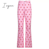 Ingvn - Y2K Pink Pants Heart Printed Sweet Trousers Vintage Aesthetic Party Pockets Joggers