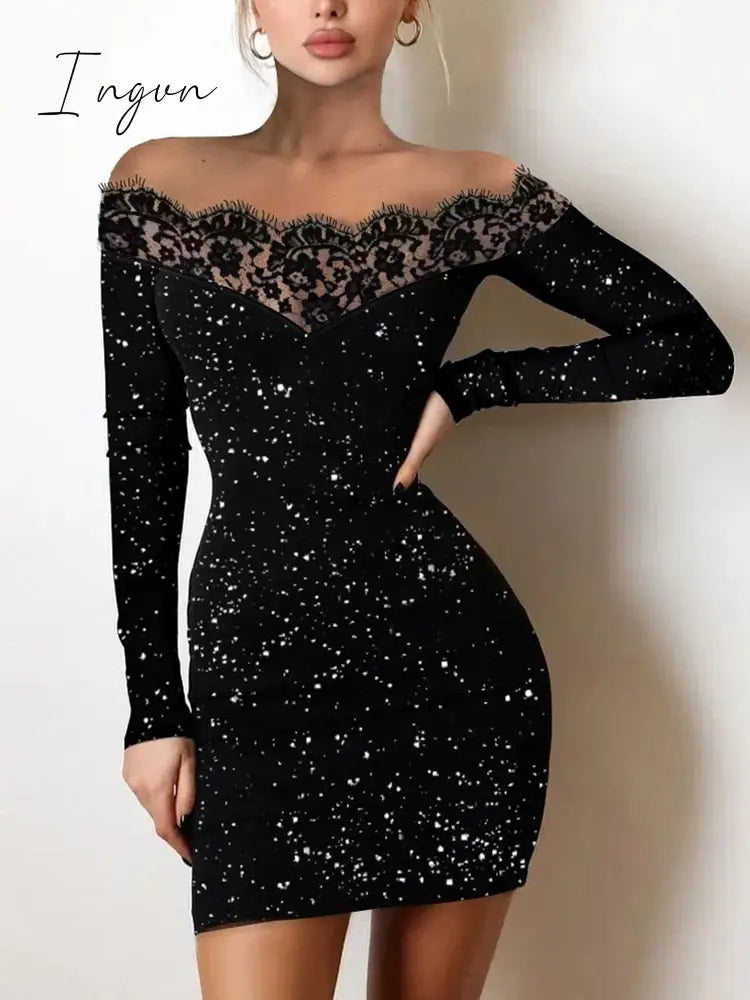 Ingvn - Y2K Sexy Floral Print Contrast Mesh Bodycon Dress Geometric Night Out Vestidos Mini Casual