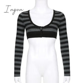 Ingvn - Y2K Striped Crop Top Button Knitted Full Sleeve T Shirt V Neck Vintage Grunge Tee Autumn