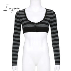 Ingvn - Y2K Striped Crop Top Button Knitted Full Sleeve T Shirt V Neck Vintage Grunge Tee Autumn